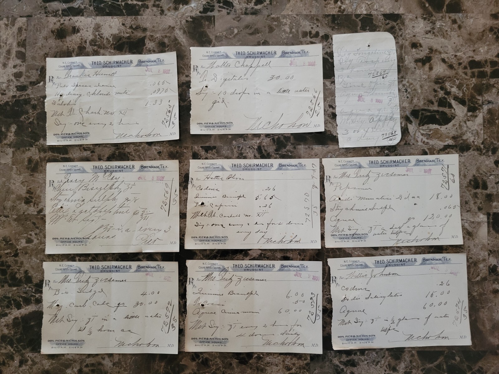 File box & 98 antique prescriptions (1907) – Opium, Ergot, Codeine & Anodyne