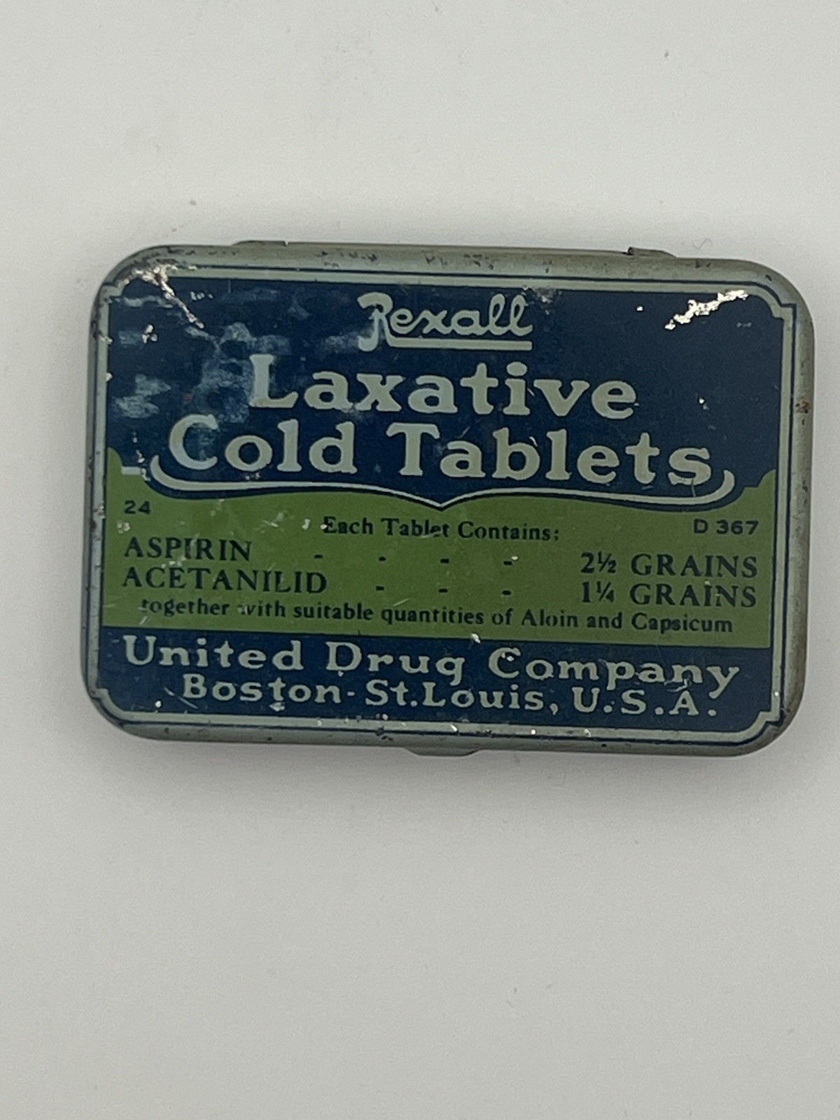 Vintage Rexall Laxative Cold Tablets Tin United Drug Company Empty
