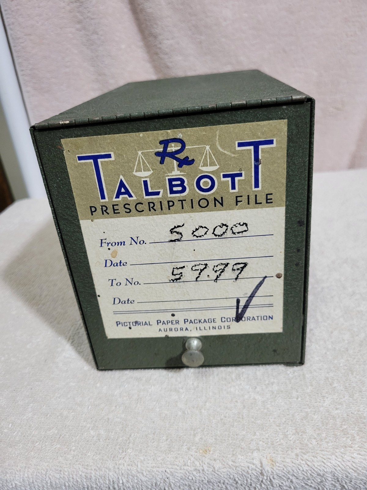 VINTAGE METAL TALBOTT PRESCRIPTION FILE BOX AURORA, ILLINOIS