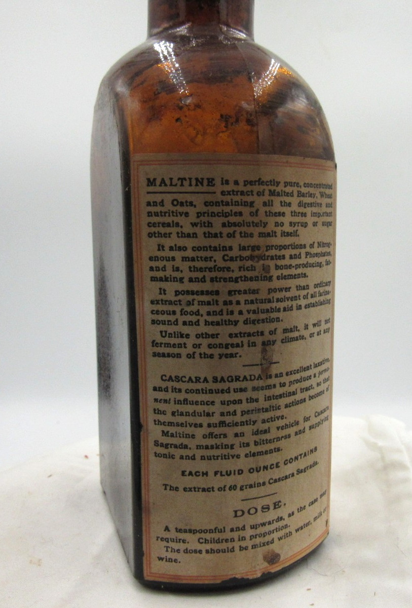 1890’s Maltine Mfg Co Cascara Sagrada New York 7 3/8 ” Amber Medicine bottle