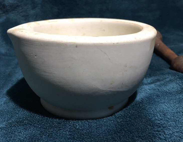 Antique Mortar Bowl & Iron Pestle Pharmacist Thomas Maddock Sons Acid Proof USA