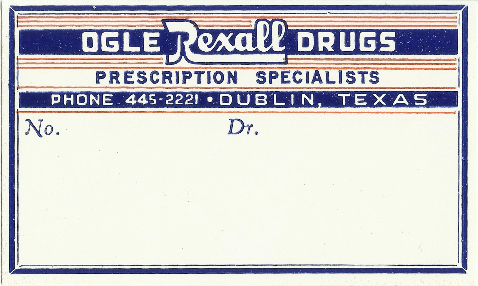1 Vintage Pharmacy blank Label Ogle Rexall Drugs Dublin Texas red white blue