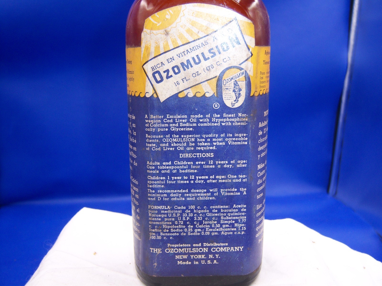 1940’s Ozomulsion Company New York, NY 8 5/8″ Amber Medicine Labeled Bottle