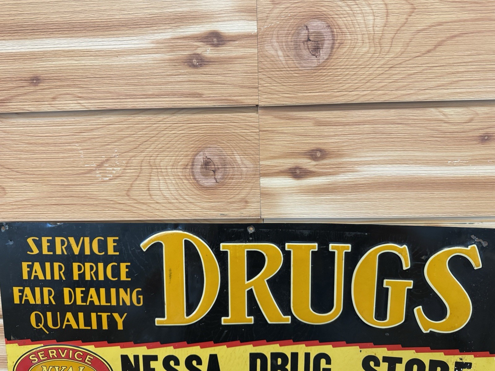 Vintage DRUGS Nessa Drug Store Osseo WI Embossed Tin Sign