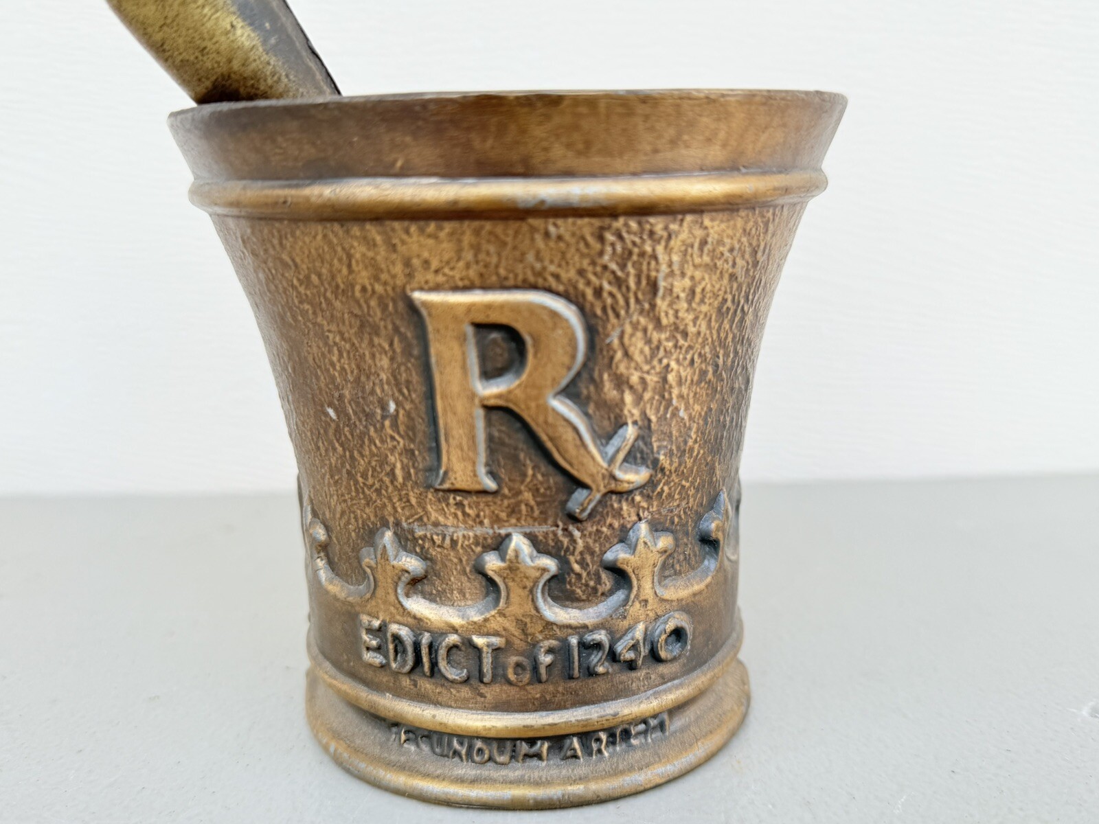 Mortar and Pestle, Metal Rx Pharmacy Apothecary Edict of 1240 Coricidin