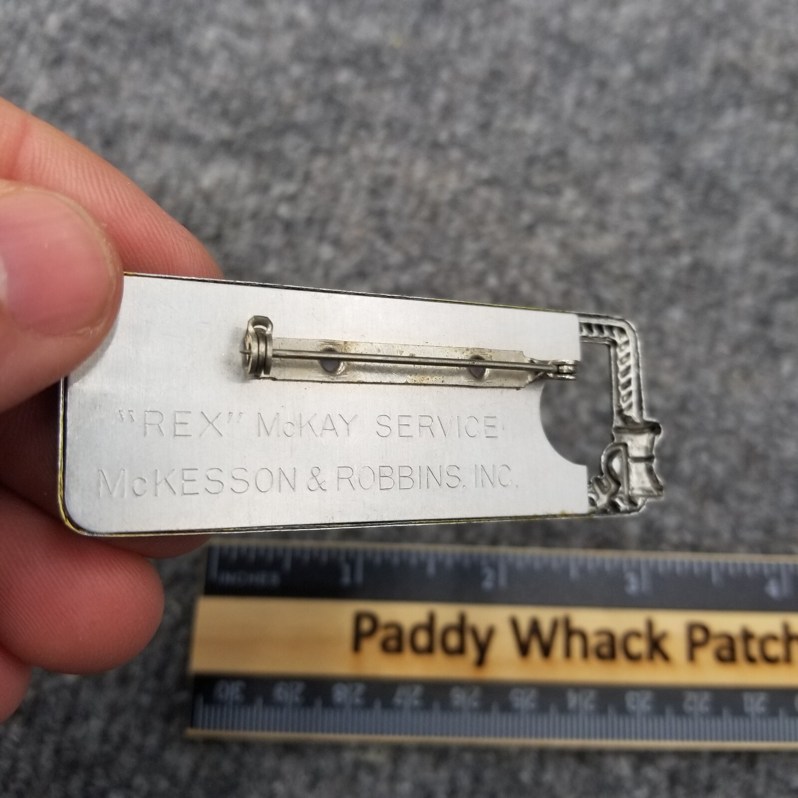 Vintage RX Rex McKay Service McKesson & Robbins Inc Pharmacist Name Tag Pin L6.
