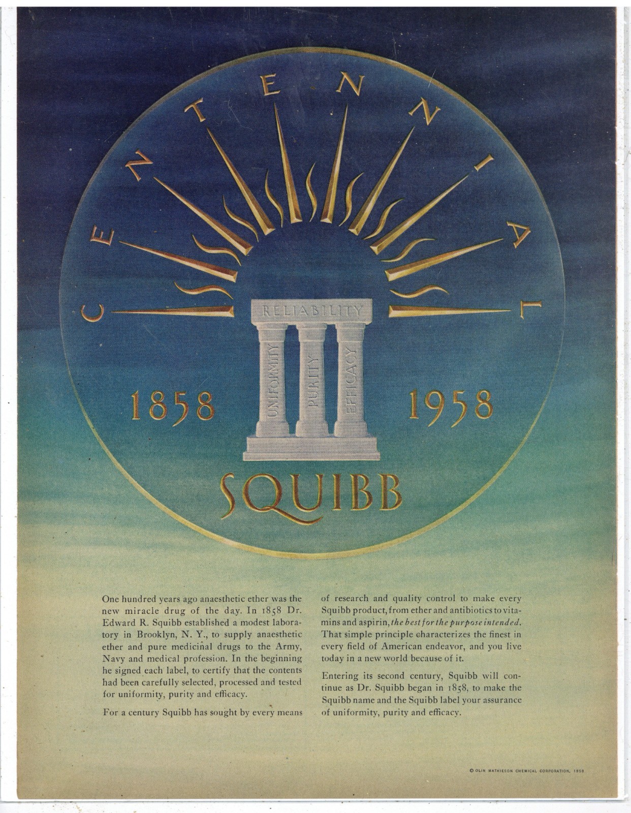 1958 Edward R. Squibb Medicinal Drugs Ad: 100th Anniversary – 1858-1958