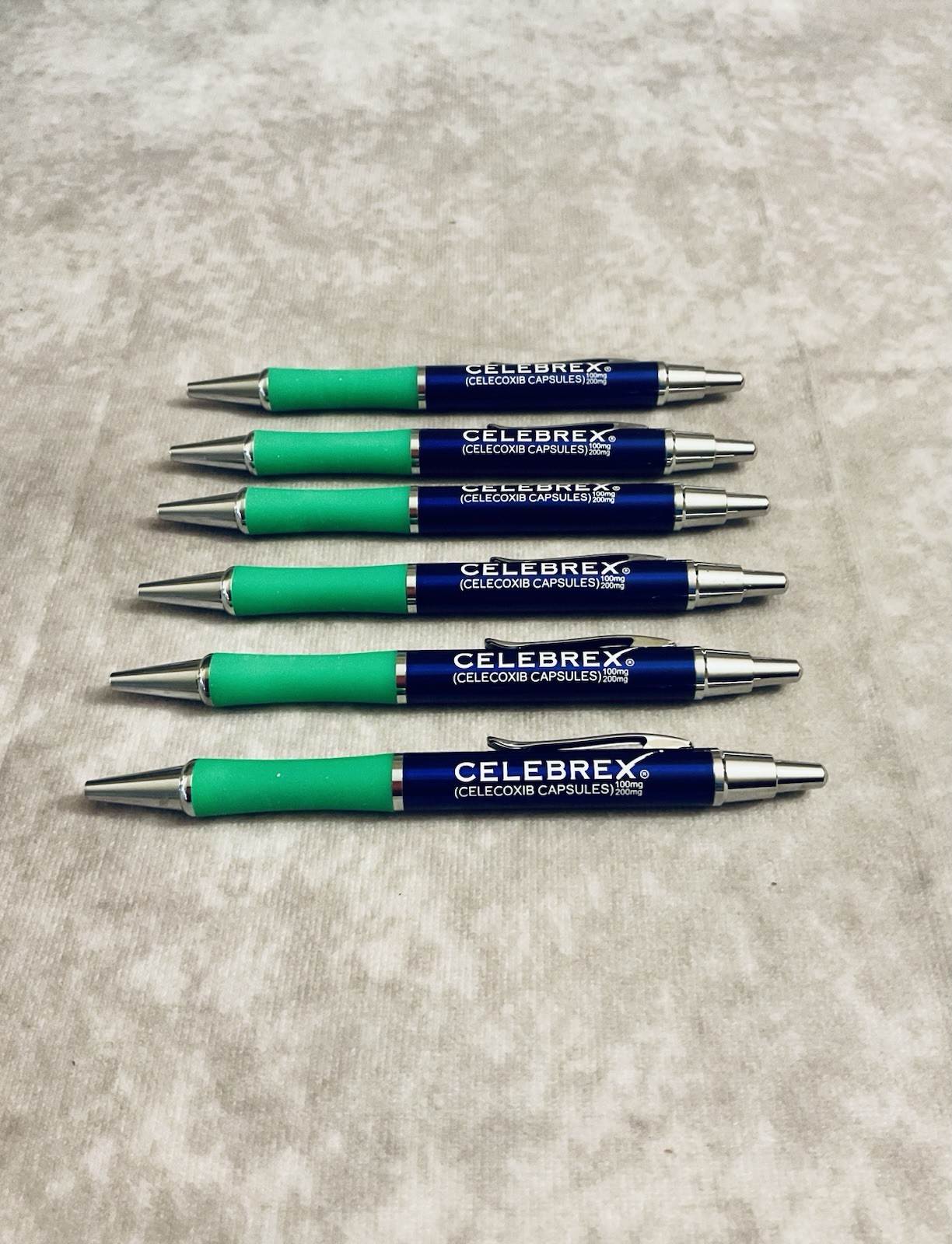 CELEBREX PHARMACEUTICAL REP PENS METAL BLUE GREEN GRIPS CHROME CLIP LOT OF 6