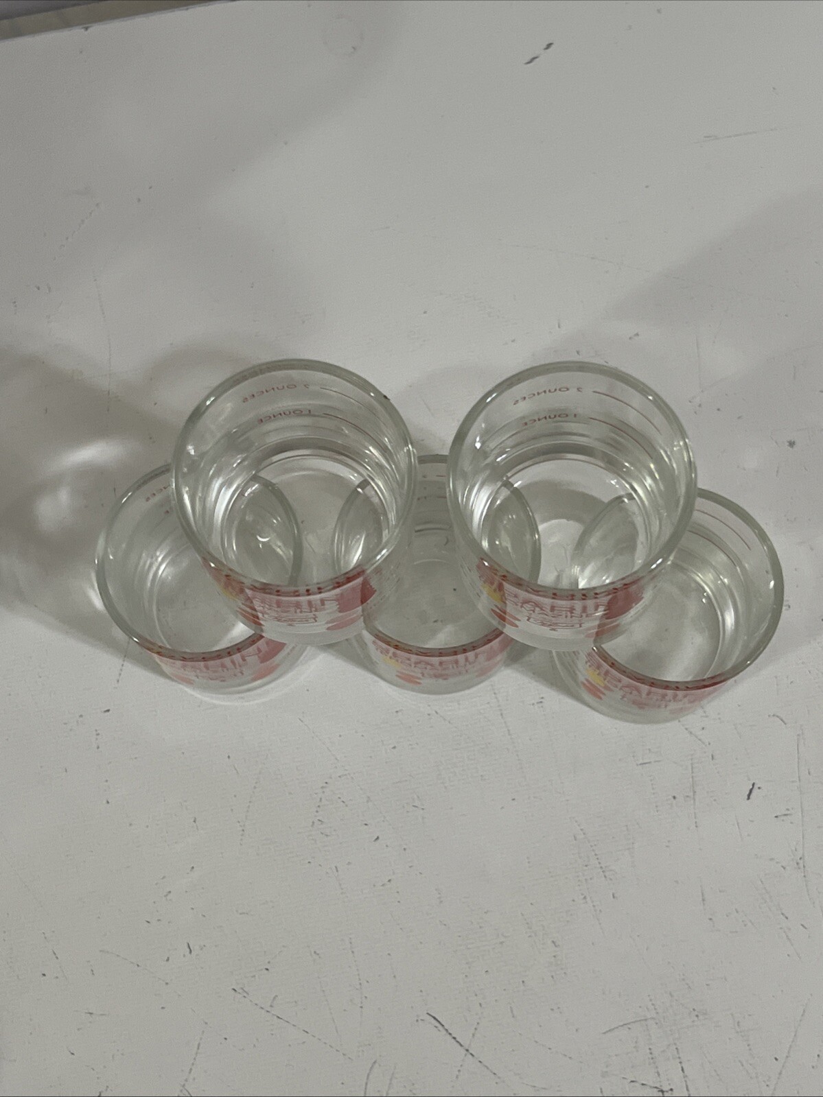 LOT OF 5 VINTAGE GLASS WYETH SPARINE MEASURING CUP 2 OZ Libbey Glass NICE