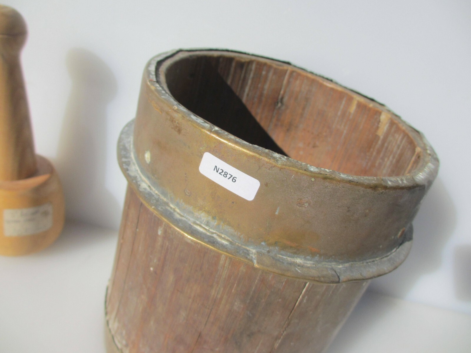 Antique Wooden Mortar and Pestle Barrel Brass Strap Vintage Old Wood French