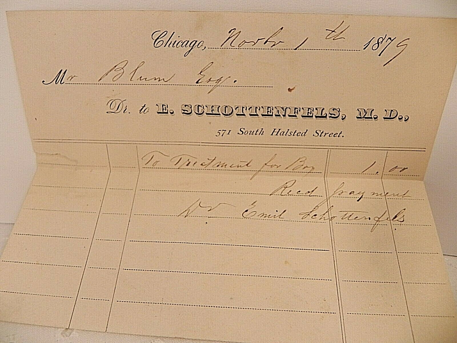 Antique 1879 receipt note paper Chicago IL Dr. E. Schottenfels ephemera
