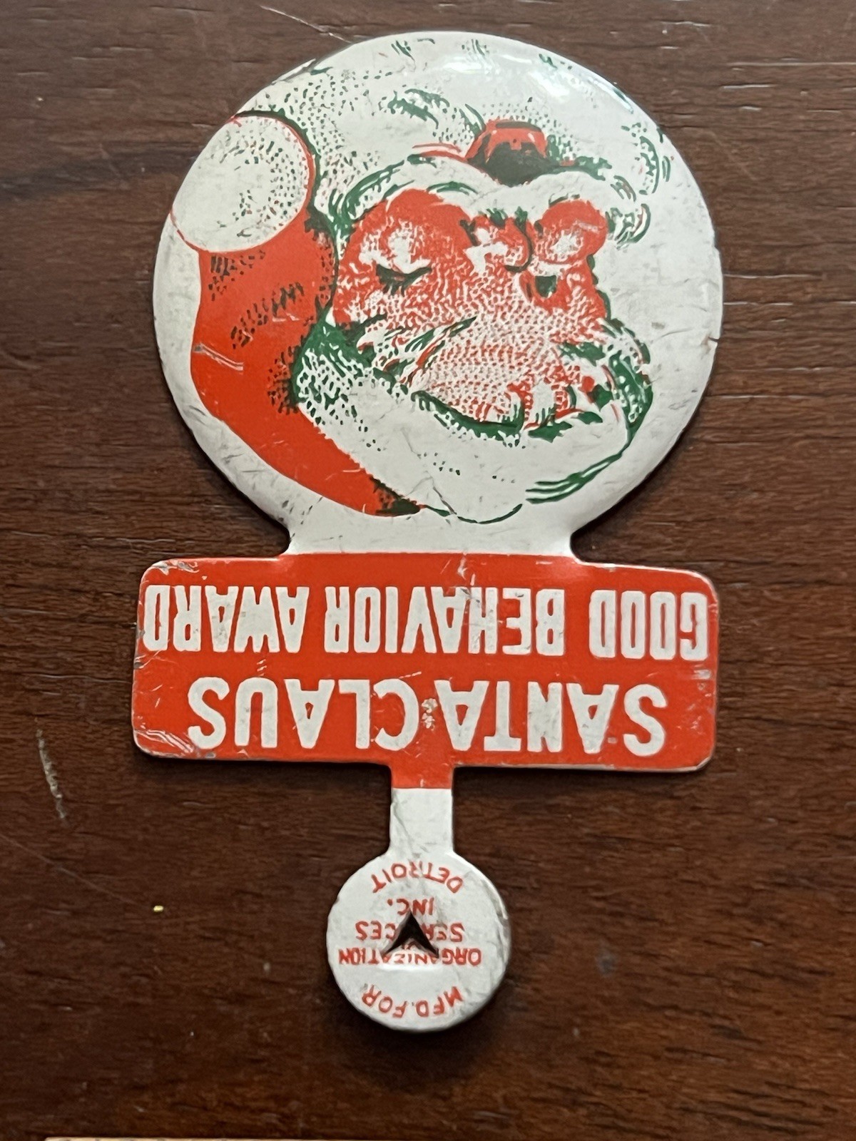 Santa Claus Good Behavior Award, fold tab Button, smiling Santa 2.25 in