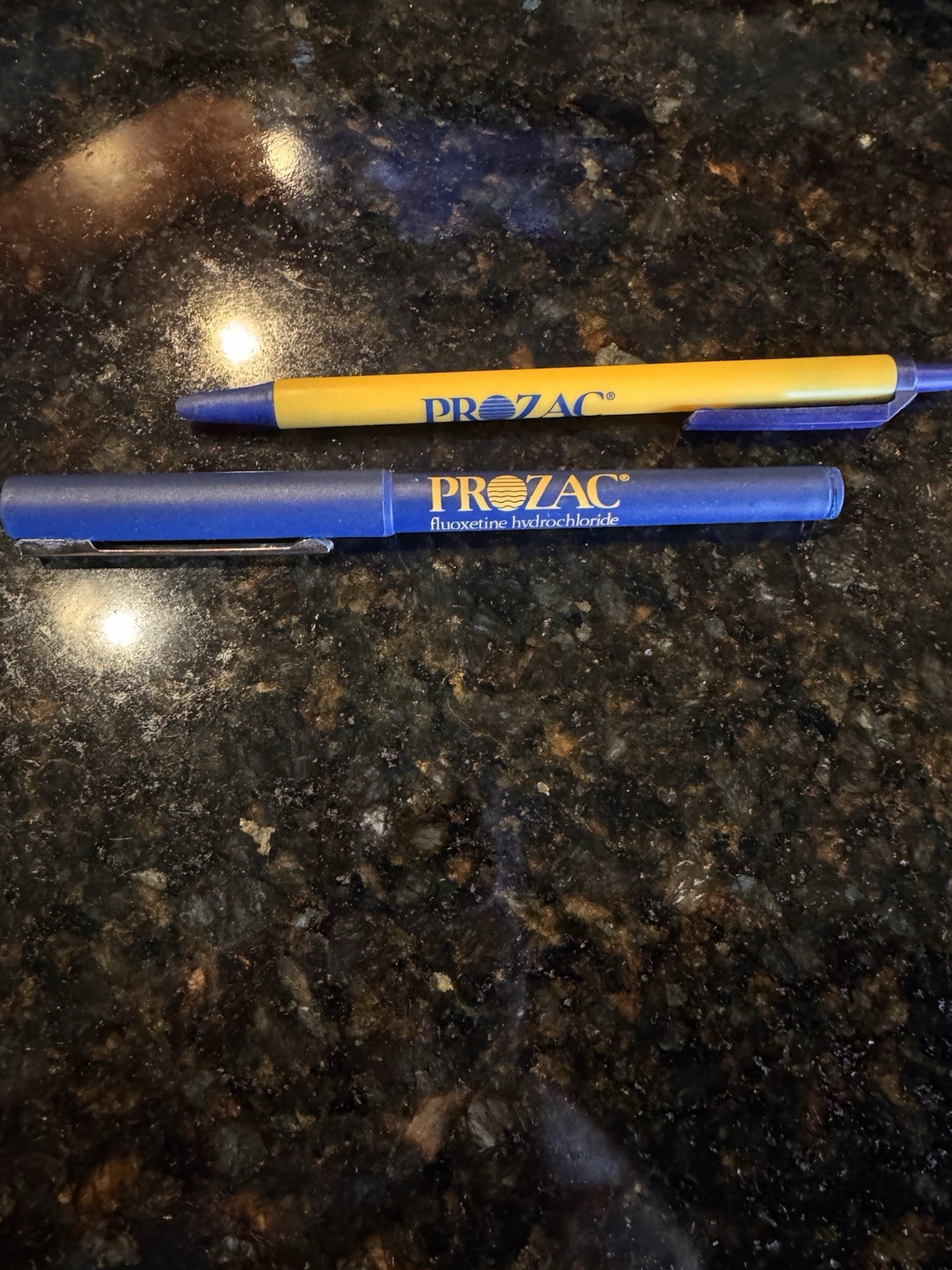 Vintage Lot Of 2 PROZAC FLUOXETINE HCL Pharmaceutical Drug Rep Pens Blue Yellow
