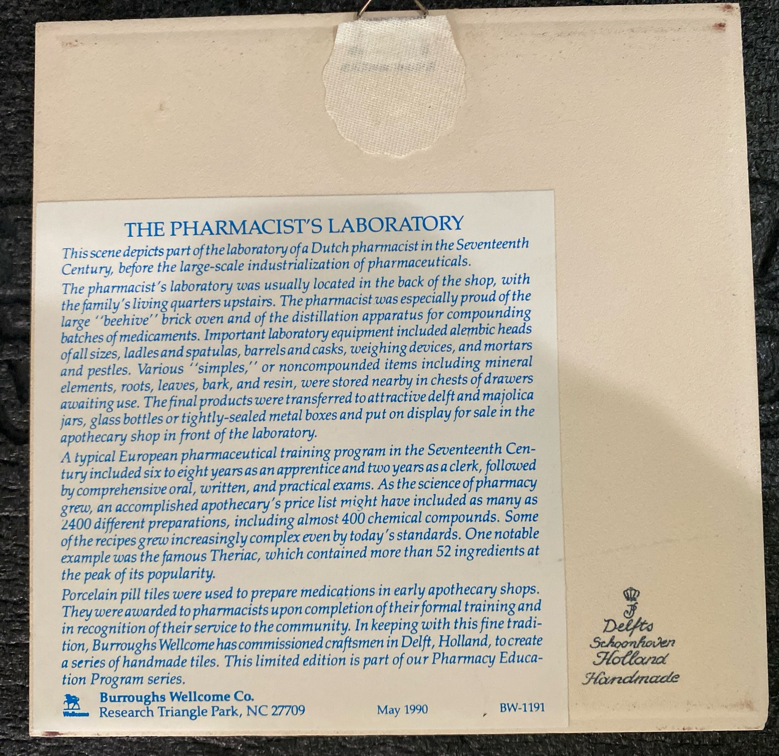 Vintage Delft Schoonhoven 1990 Pharmacist’s Laboratory 6″x6″ Blue/white Tile