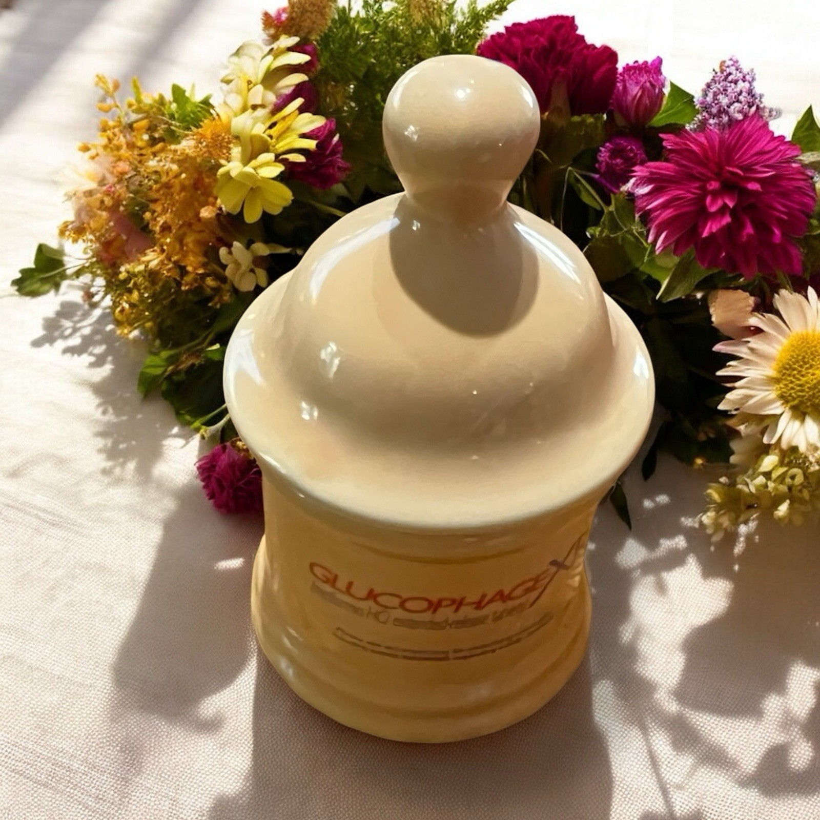 Vtg GLUCOPHAGE XR Pharmaceutical Advertisement Yellow Lidded Urn Apothecary Jar