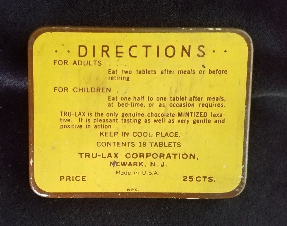 New Old Stock Medicine Tin Tru-Lax Chocolate Mint Laxative Trulax Co Newark NJ