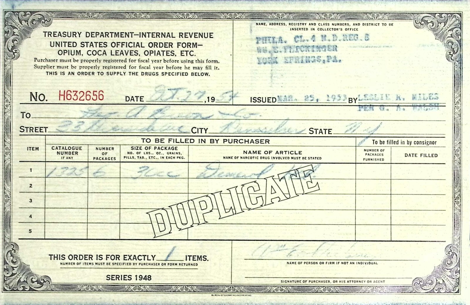 1948 Treasury Department Opium Coca Leaves Opiates Official Order Form
