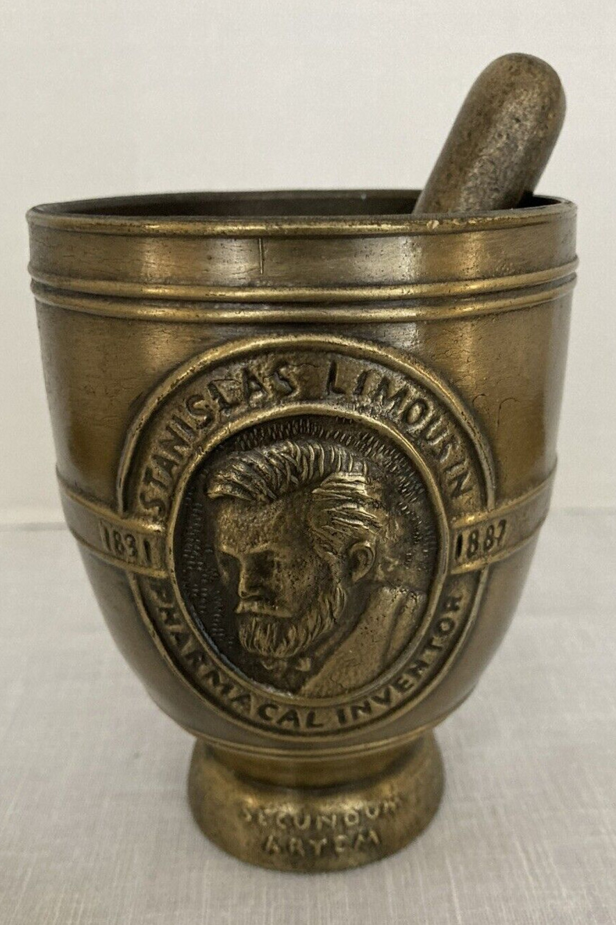 BRASS PHARMACY MORTAR AND PESTLE METAL 4.5″ STANISLAS LIMOUSIN SCHERING 1984