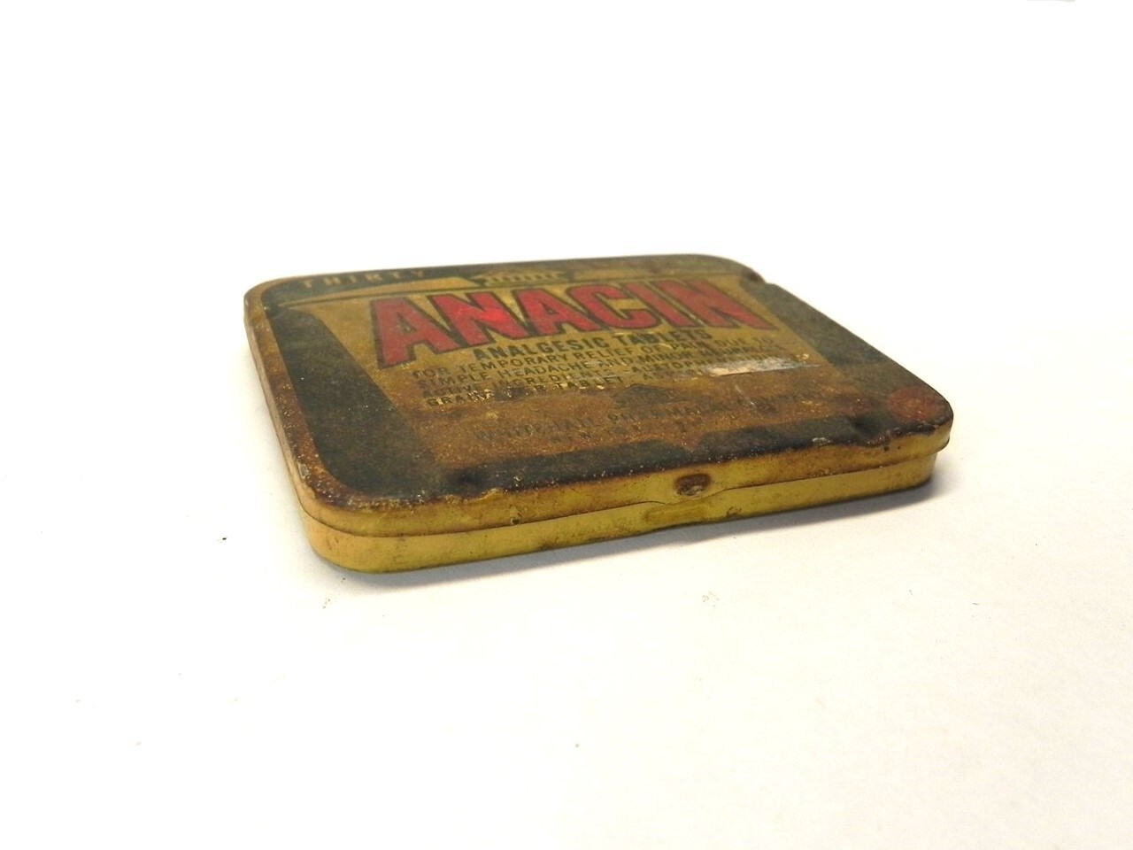 VINTAGE WHITEHALL PHARMACAL CO. ANACIN TABLETS YELLOW EMPTY TIN NO TABLETS USED