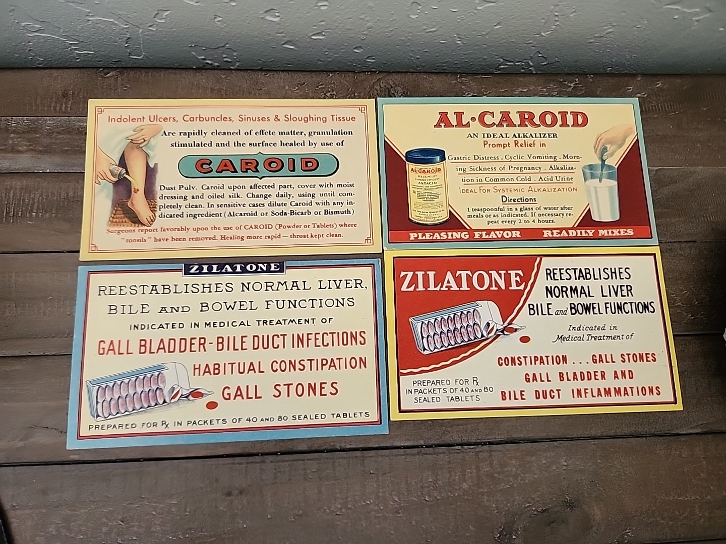 4 Vintage Medicine Medical Pharmacy Drug Advertising Cards A-CAROID ZILATONE