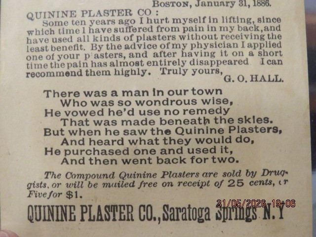 1886 Pharmacy Quinine Plaster Card & Vintage Reading Glasses