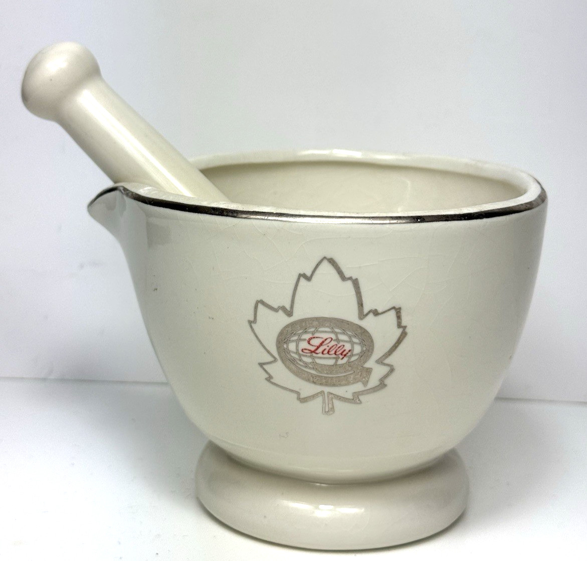 Vtg Eli Lilly Co. Ceramic Mortar & Pestle Cream Canada Collingwood Ont. Pharmacy