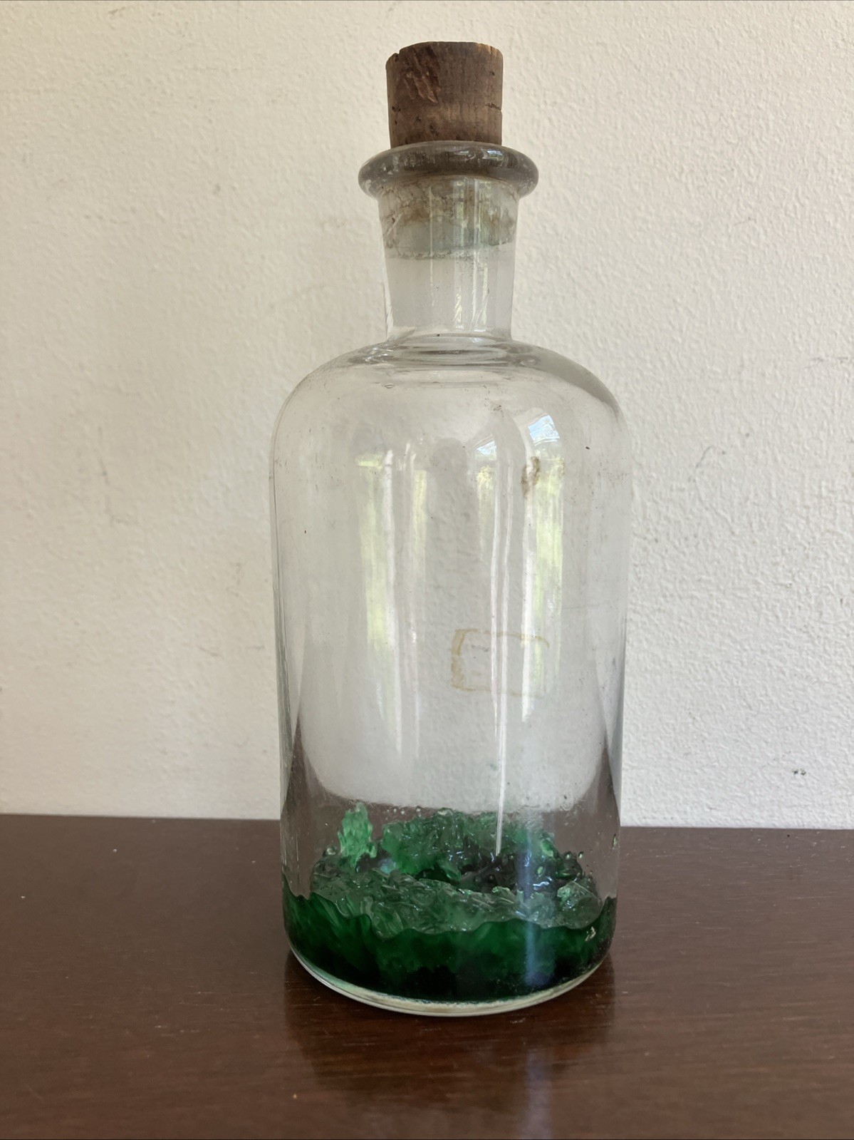 Antique Clear Glass Apothecary Bottle C1870, Green Stuff Inside! Cork Stopper
