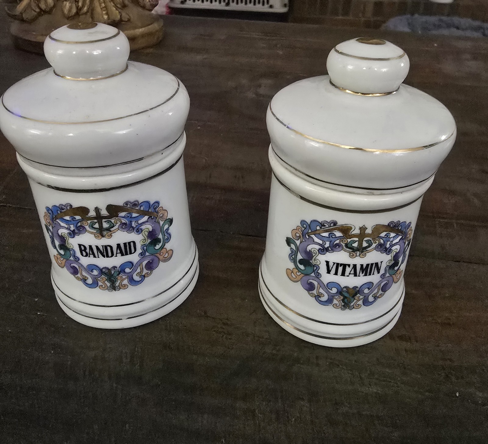 1950’s Apothecary Jars Home Bath Set/2 Vitamin and Bandaid Gold Trim