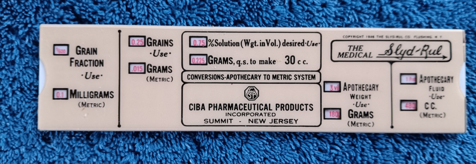 Vtg Ciba NJ Pharmaceutical Medical Slyd-Rul 1946 Conversion Apothecary – Metric