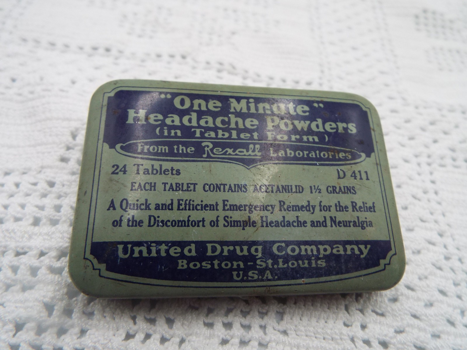 Old EMPTY Advertising Medicine Tin Rexall One Minute Headache Powder Rexall Drug