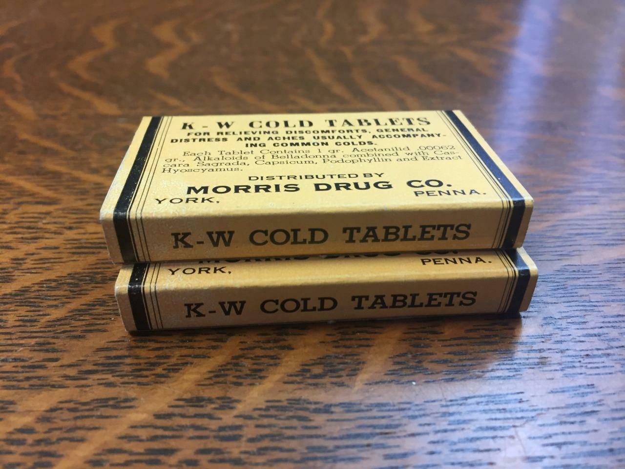 Lot of 2 Vintage K.W. Cold Tablets Morris Drug Co. Pill Cardboard Box Empty KW