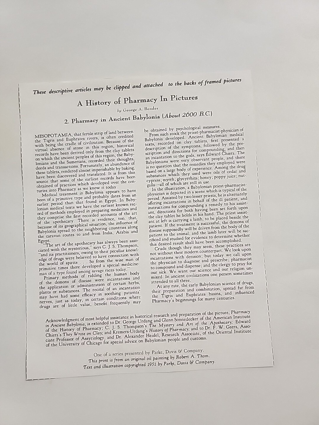 A HISTORY OF PHARMACY IN PICTURES 1954 PRINT# 2 UNFRAMED PARKE DAVIS 22″×18″…