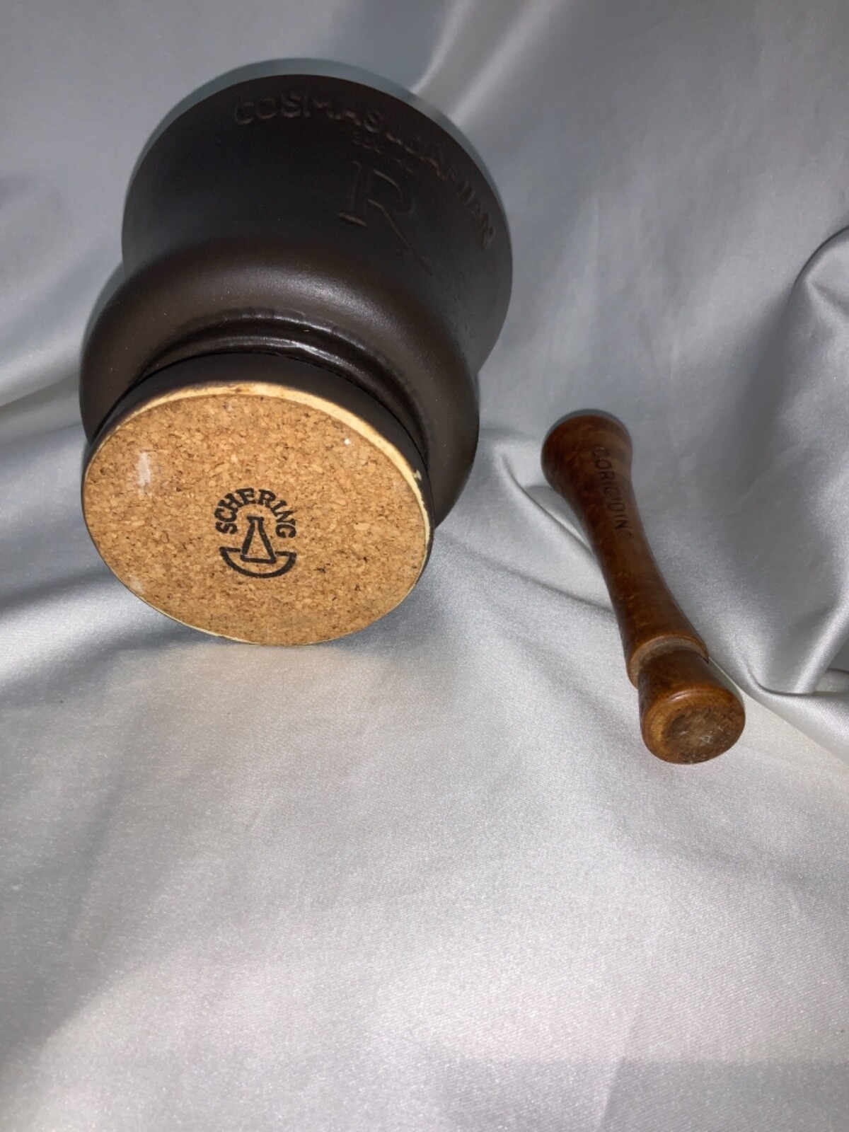 COSMAS & DAMIAN Pharmacy Motar & Pestle Porcelain RX wood Pestle CORICIDIN