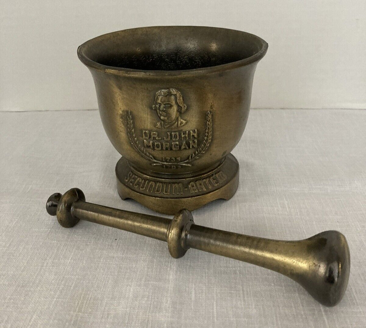Brass Schering Mortar and Pestle, Dr. John Morgan, 4″ Tall, 1971