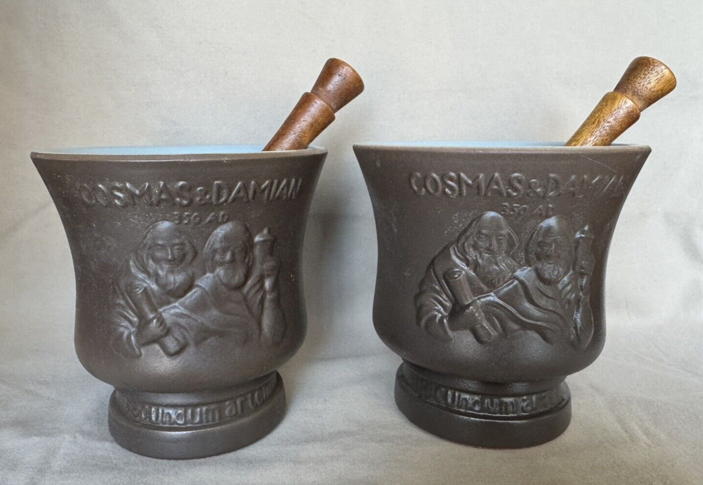 Pair- Schering 1966 Coricidin Cosmas & Damian Ceramic Mortar & Pestles 5″ tall