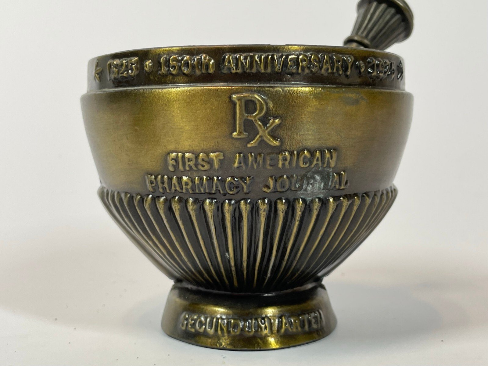 Vintage First American Pharmacy Journal Cast Brass Bronze Mortor & Pestle Set