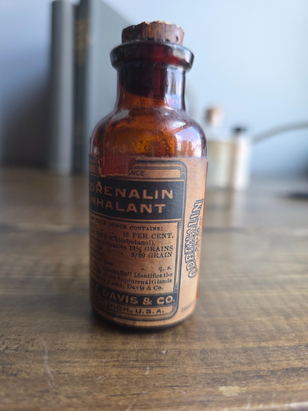 Antique Parke Davis Adrenalin Inhalant Amber Glass Apothecary Medicine Bottle
