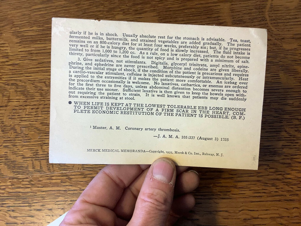 Original Vintage Card: Oct 1935 – Thrombosis, Coronary, Therapy – MERICK MEDIC