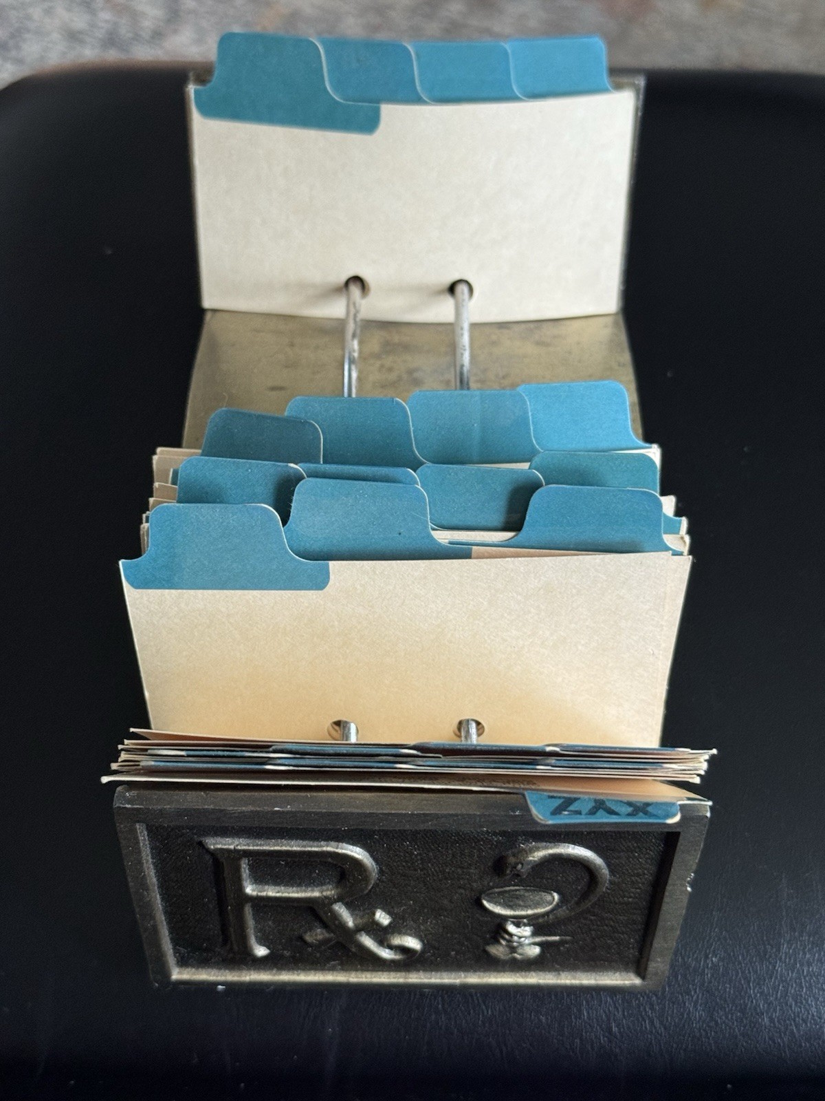Vintage RX Pharmacy Rolodex Card File Cast Brass Desktop Apothecary Oddity