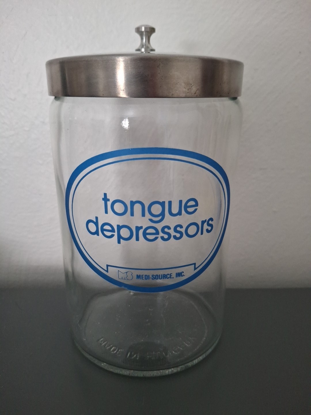 Medi-Source Doctor’s Office Clear Glass Jars Blue Apothecary Stainless Lid Vtg