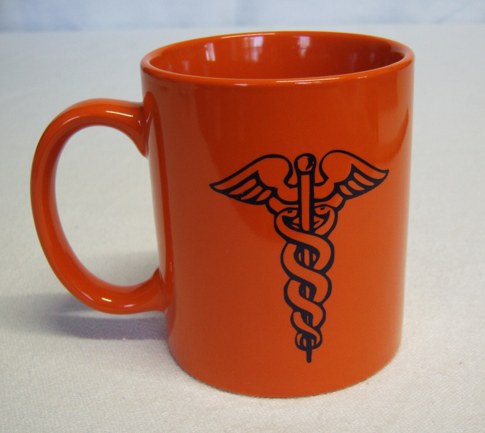 Vtg Medical Caduceus Symbol Orange Coffee 12 oz Mug 4″tall 3″ diameter EC