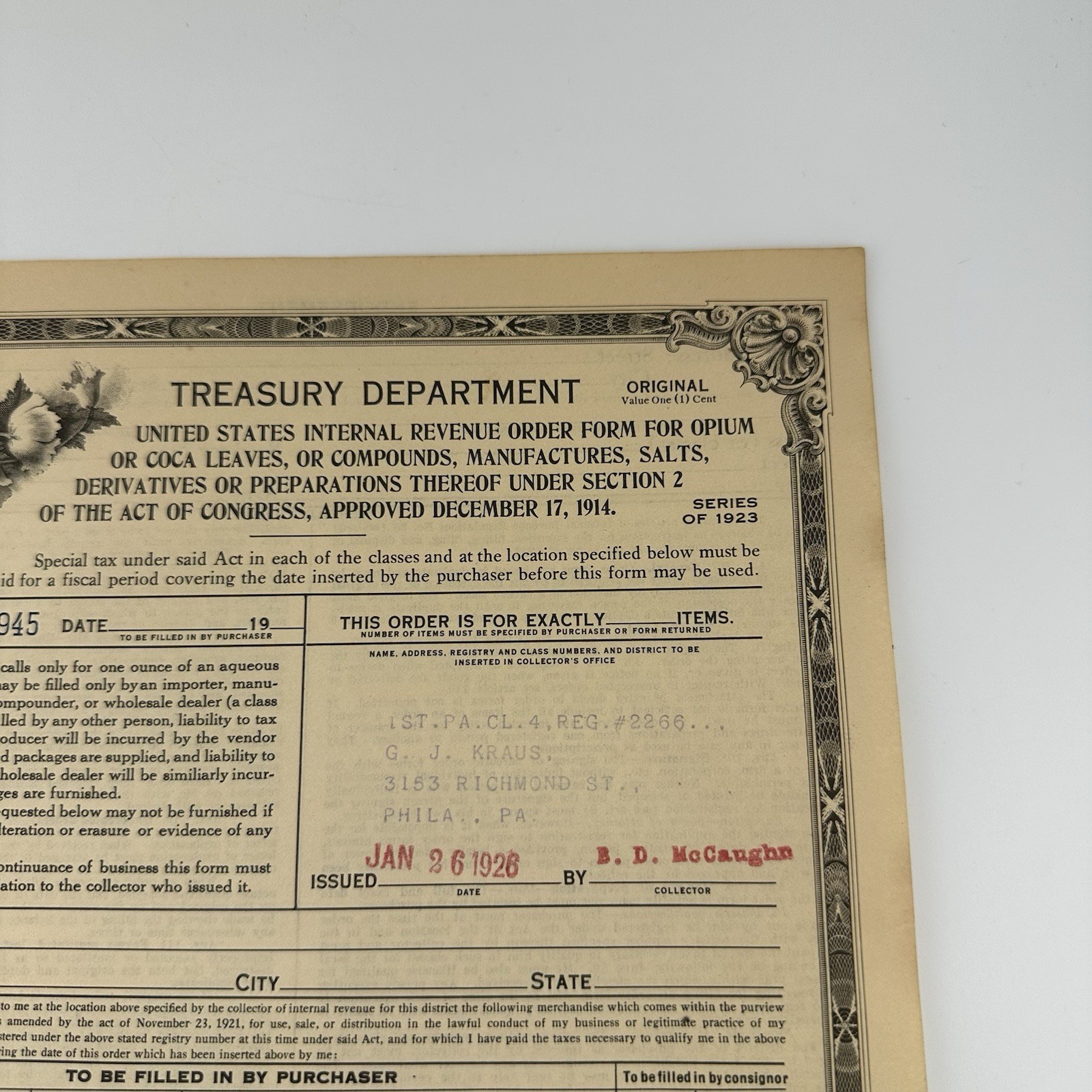 Vintage 1926 Treasury Department Opium Coca Leaves Order Form Philadelphia PA