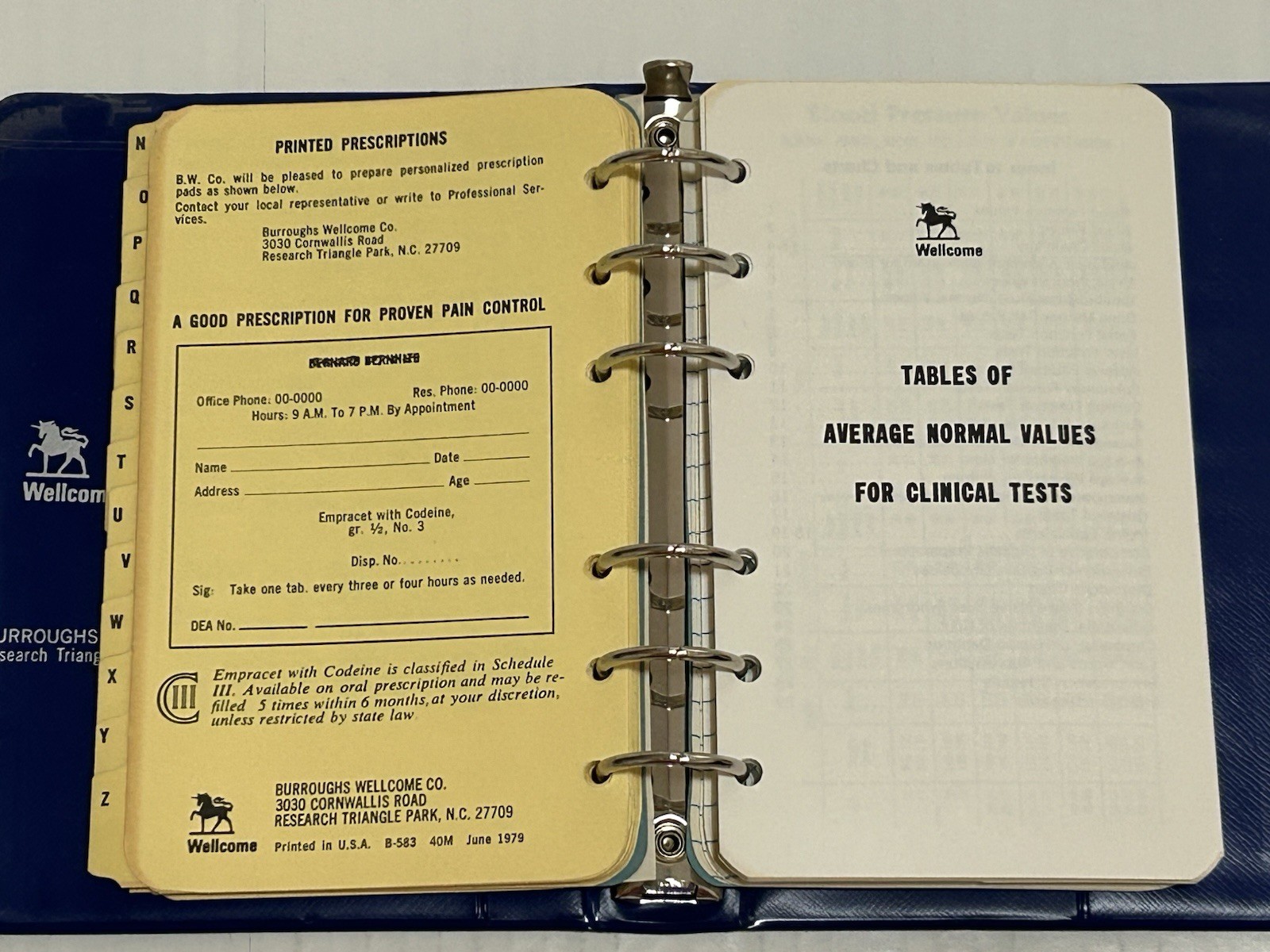 Vintage 1979 Pharmacy Medicine Pocket Notebook Binder- Burrough’s Wellcome Co.