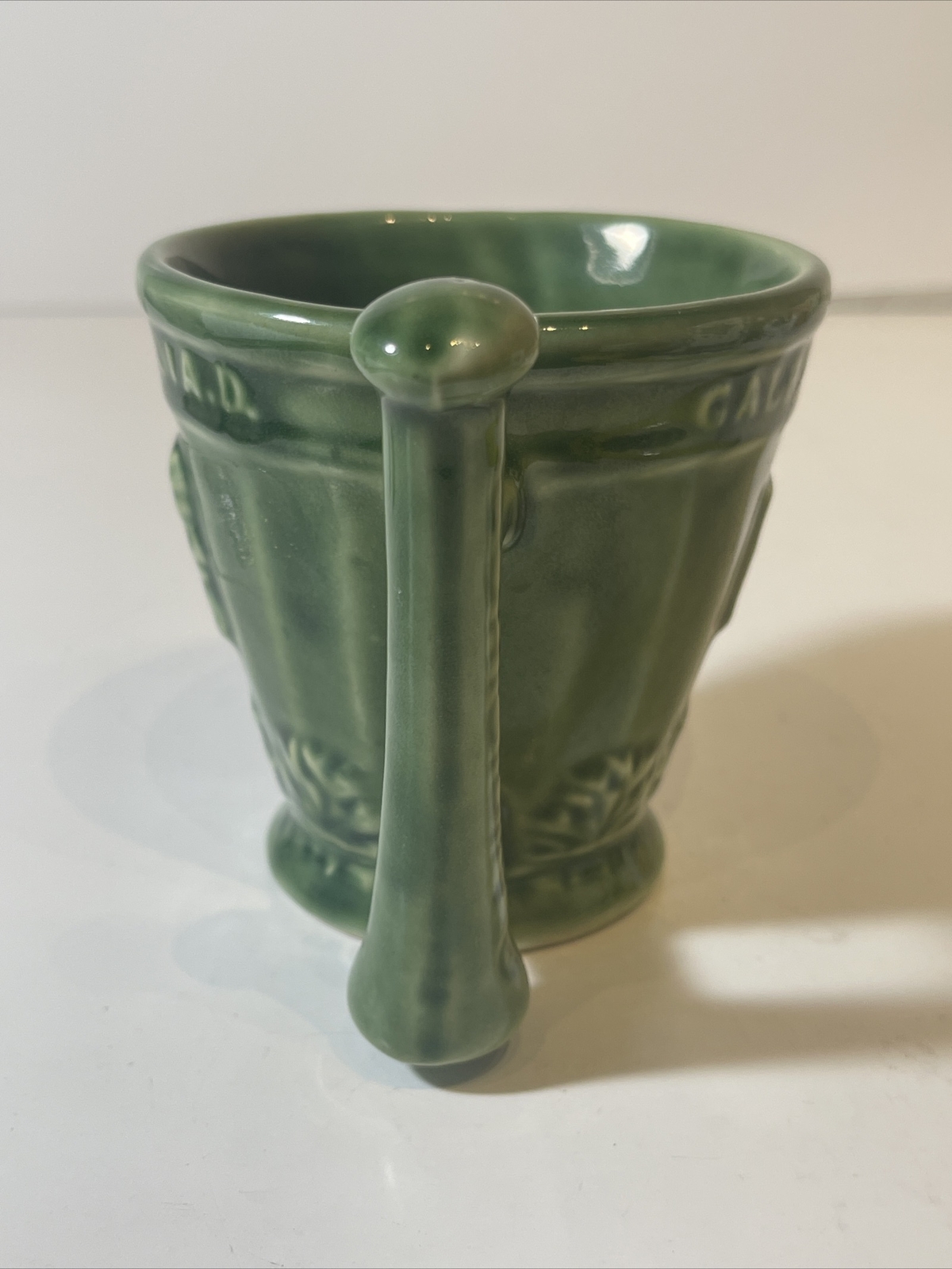 Vintage Coricidin Green Pottery Mug RX Galen Schering Pharmacy Cup Mortar Pestle