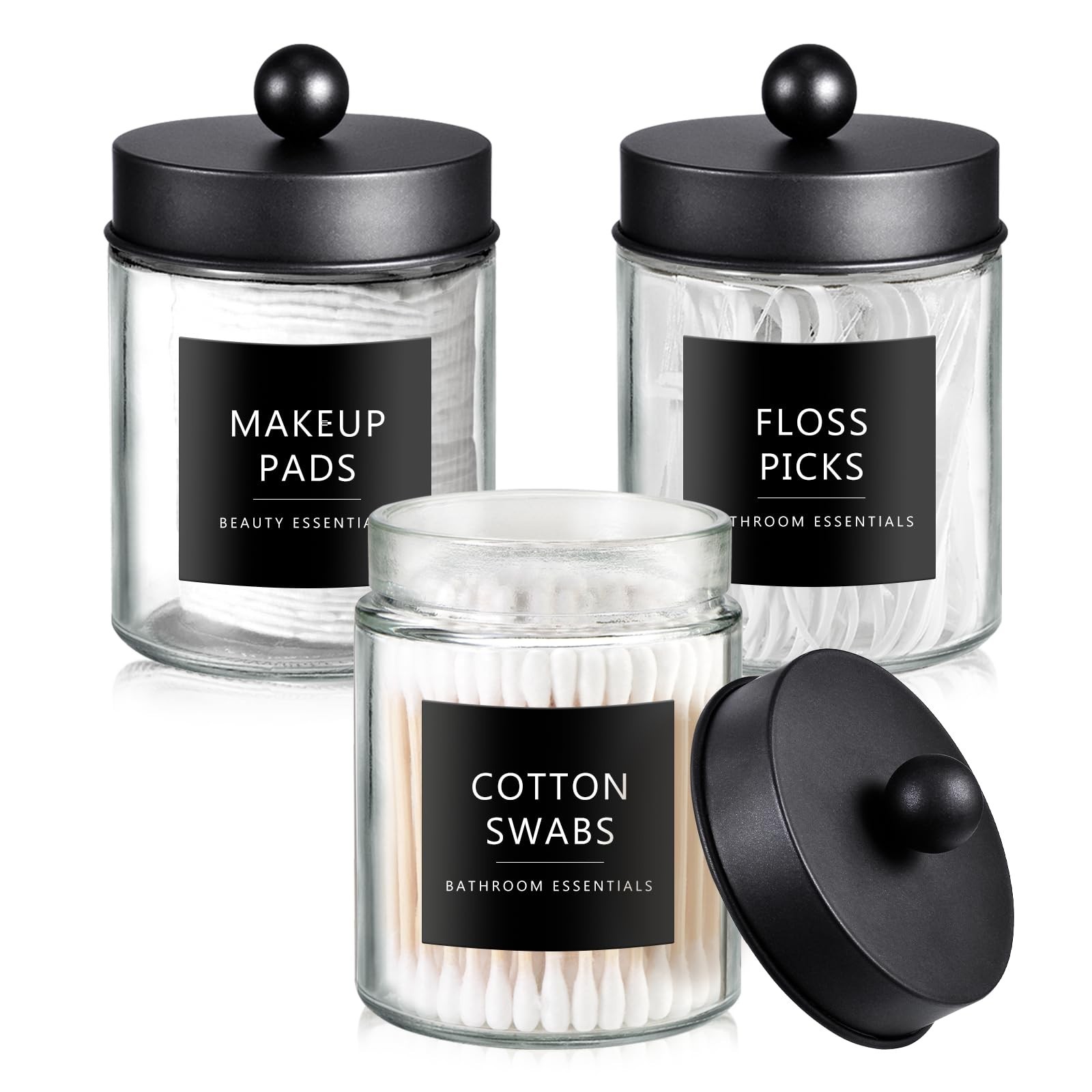 SheeChung 3-Pack Black Glass Apothecary Jars – Rust-Proof Stainless Steel Qti…