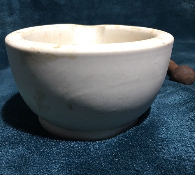 Antique Mortar Bowl & Iron Pestle Pharmacist Thomas Maddock Sons Acid Proof USA