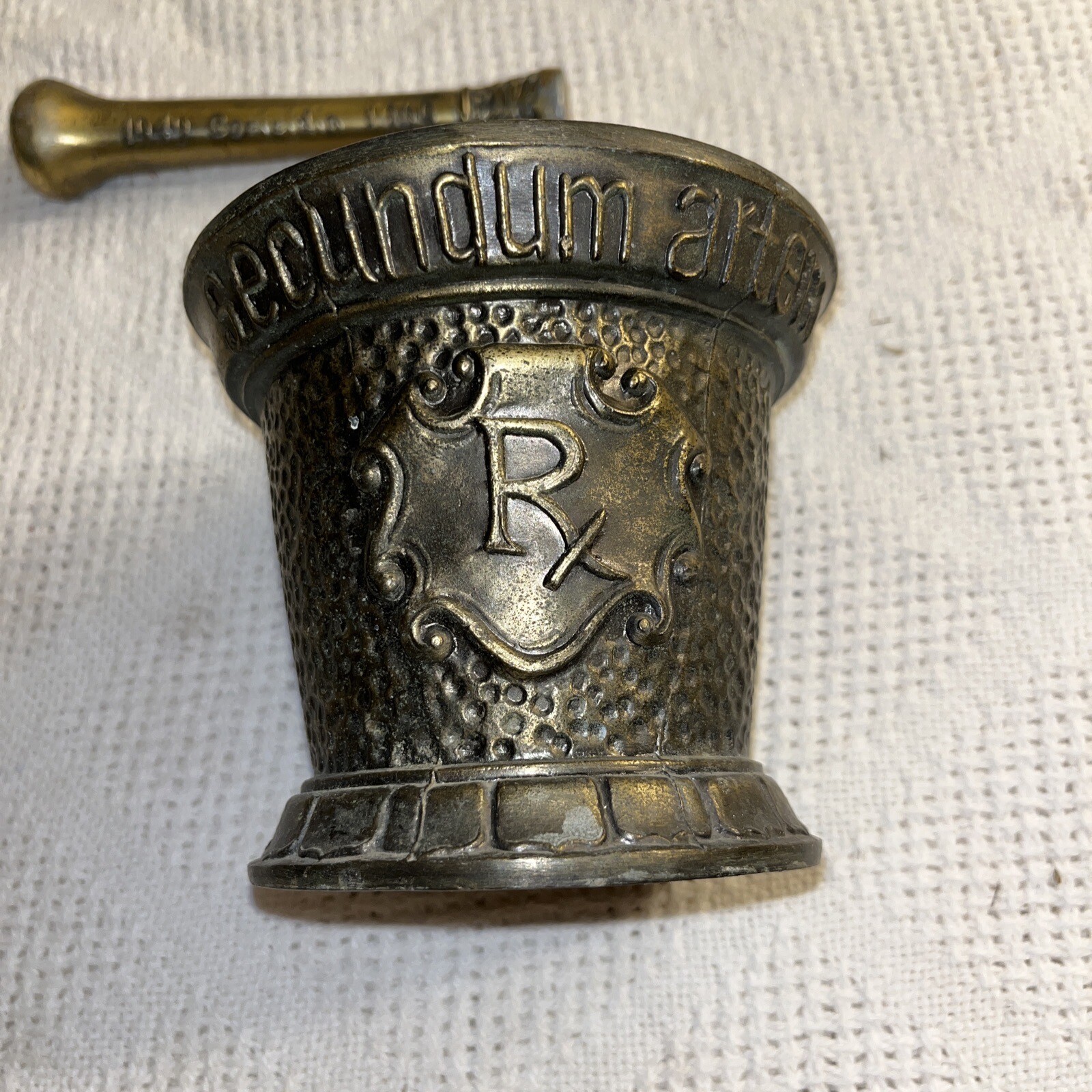 Vintage Apothecary￼￼ Coricidin Mortar & Pestle Brass Rx Secundum Artem Pharmacy