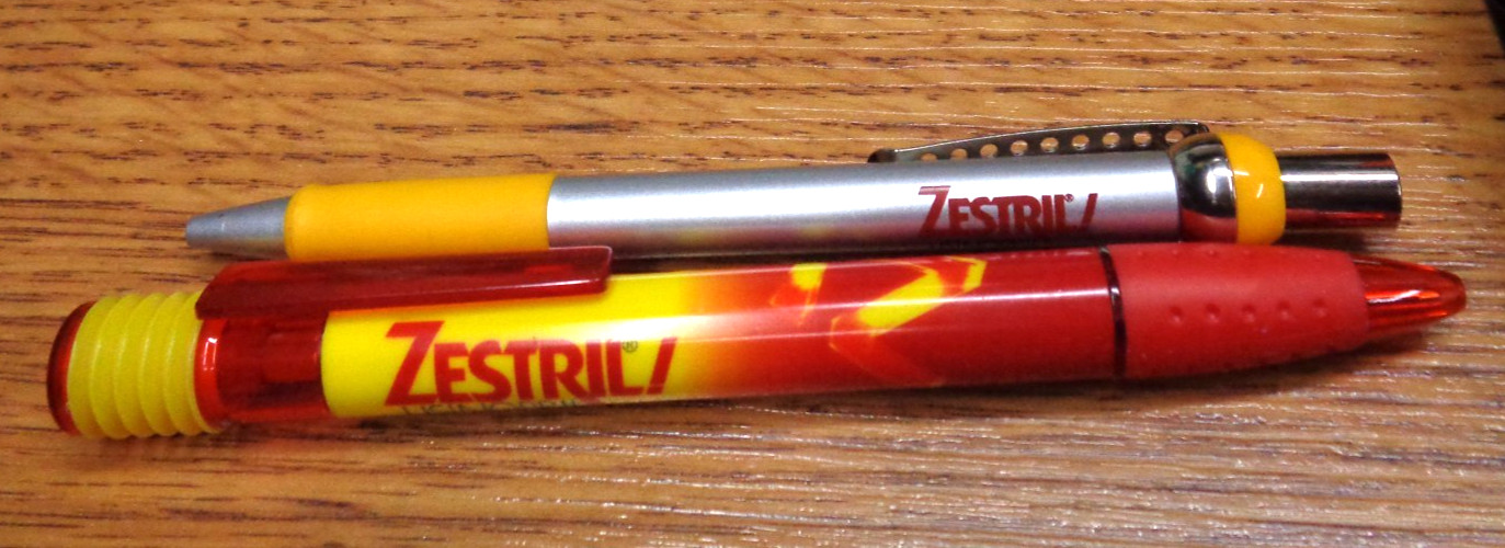 Lot/2 Pharmaceutical Drug Rep Ink Pens ZESTRIL Lisinopril ~ TESTED / WORKS!