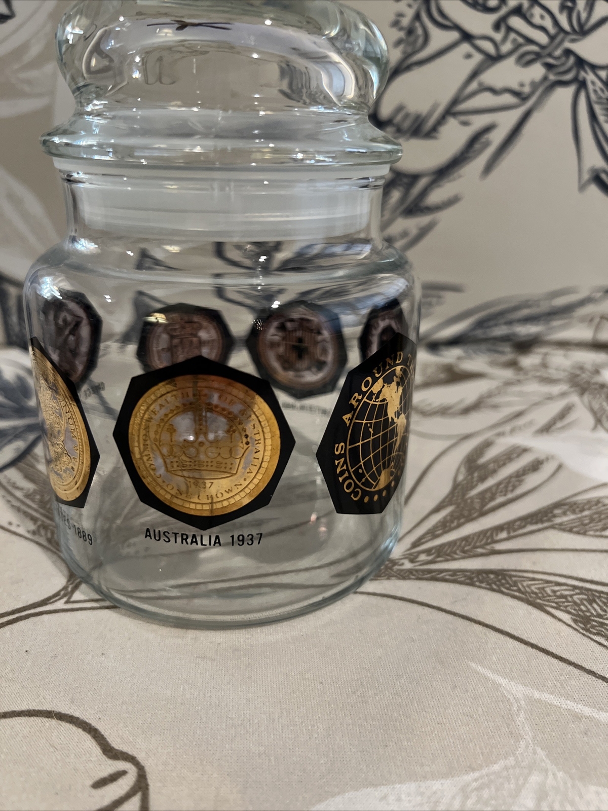 RARE Vintage Gold & Black Apothecary Jelly Bean Jar “Coins Around the World”