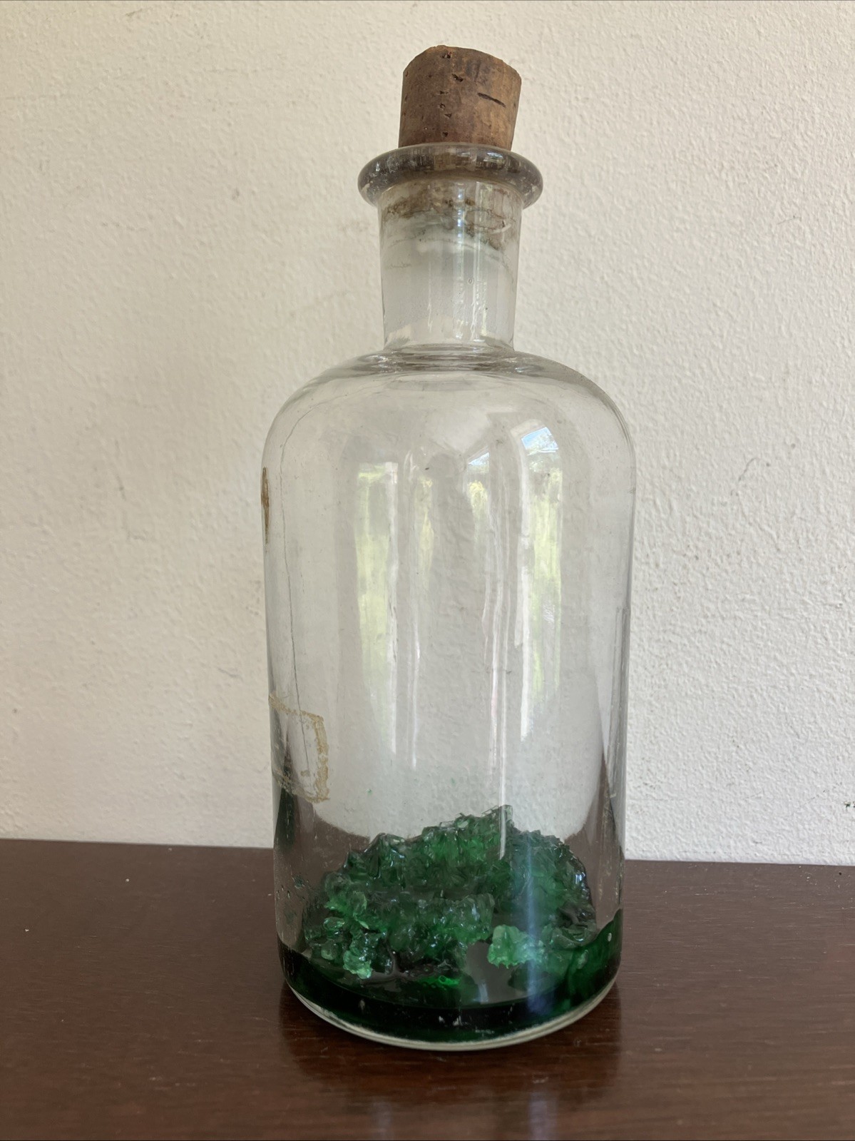 Antique Clear Glass Apothecary Bottle C1870, Green Stuff Inside! Cork Stopper